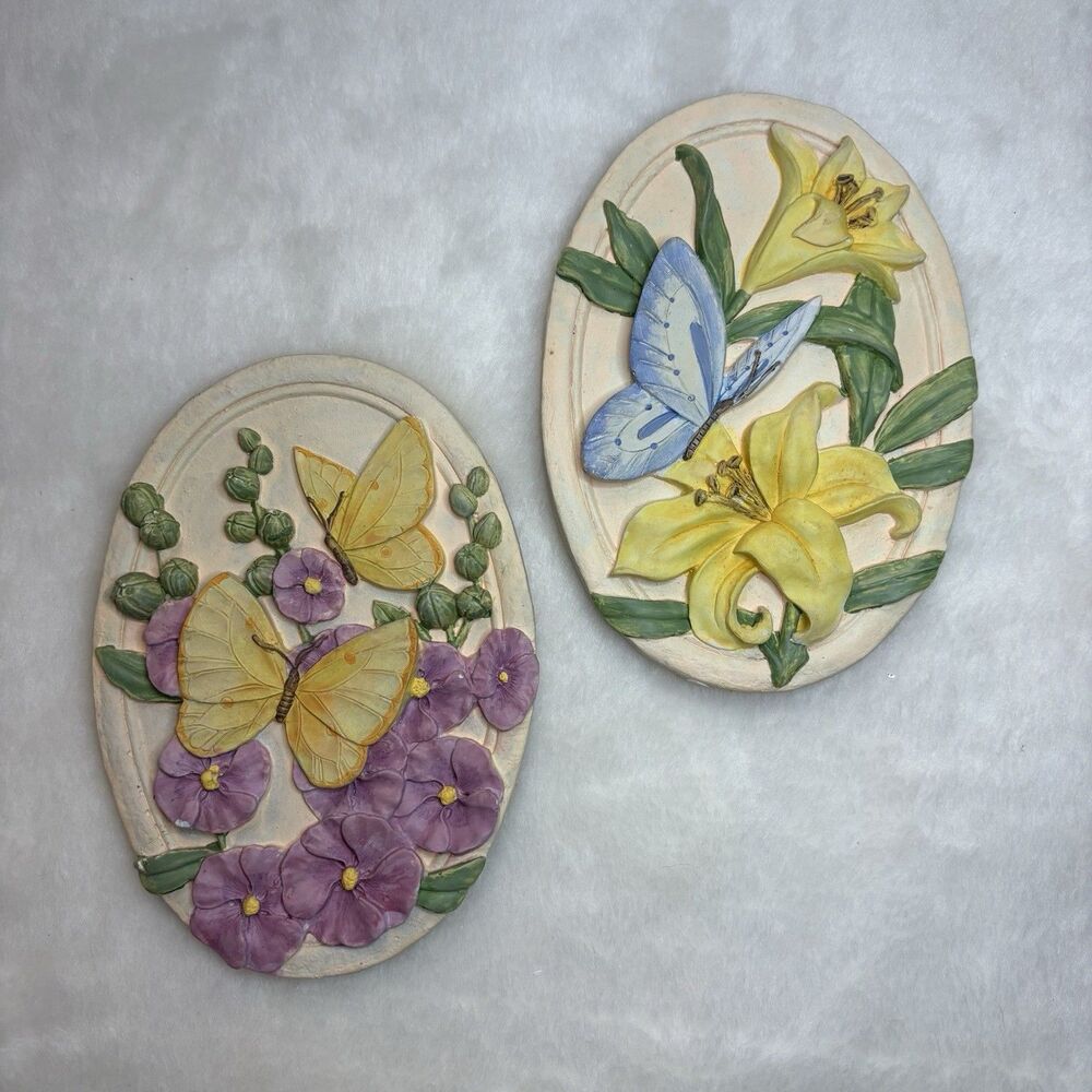 Vintage Avon Butterflies and Flowers Chalkware Wall Hanging Plaques Set of 2